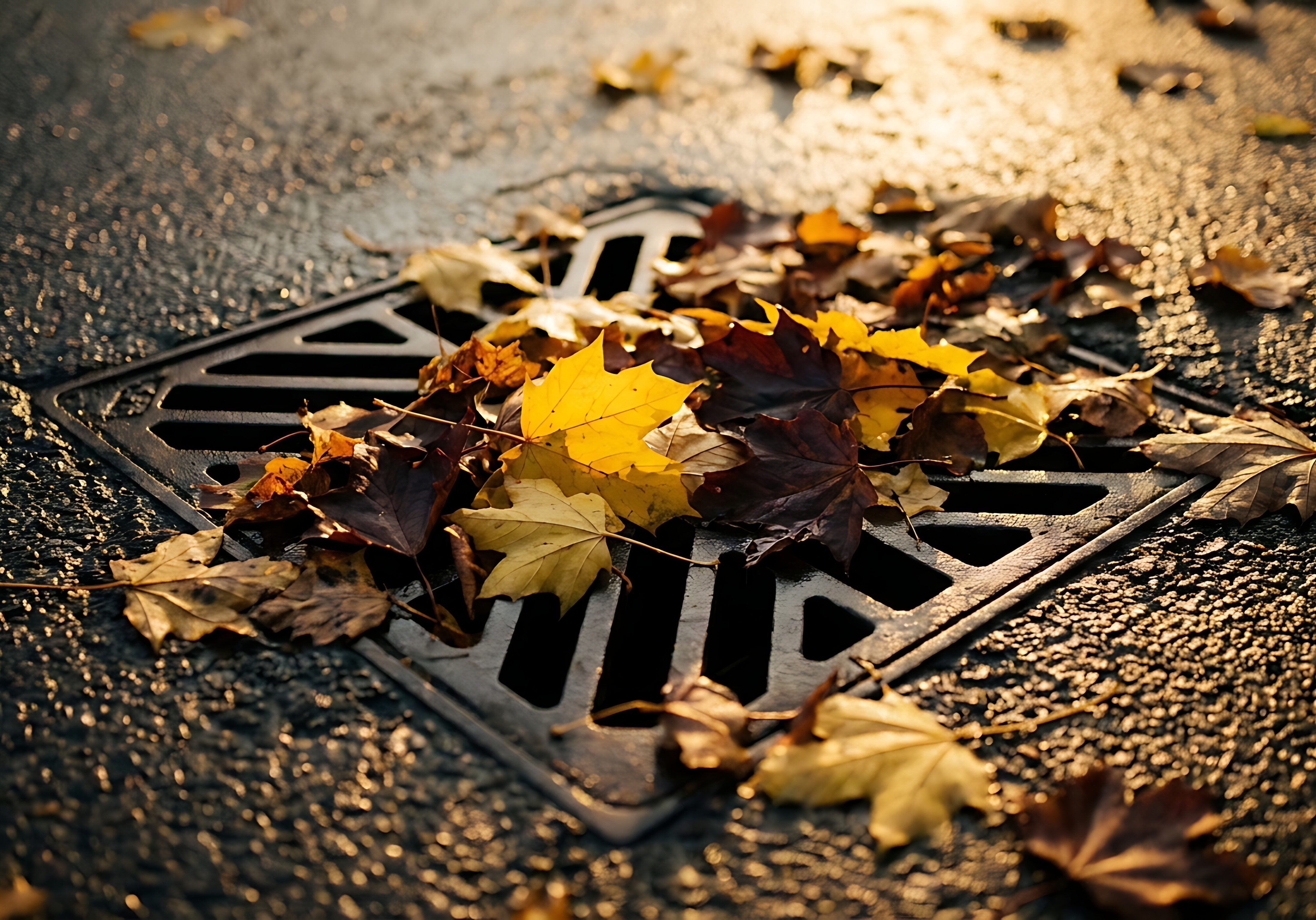 Fallen autumn leaves cluttering a storm drain on a wet pavement, hinting at the changing season and nature's cycle